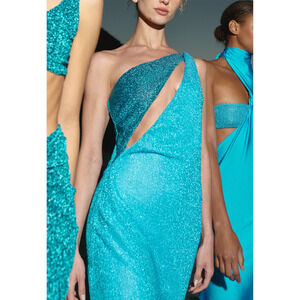 Baobab Asaka Gloss Dress One Shoulder Blue Cutout Sleeveless Maxi Side Slit Sz S